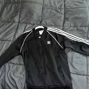 Adidas Men's Black Bomber Jacket with White Stripes